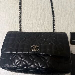 CHANEL Black Quilted Leather Shoulder Bag with Silver CC Lock